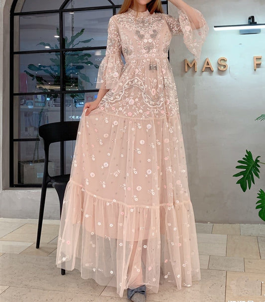 Elegant mesh embroidery Slim Long Dress