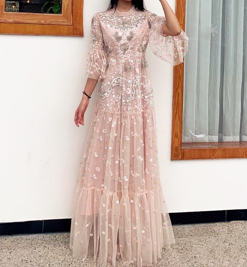 Elegant mesh embroidery Slim Long Dress