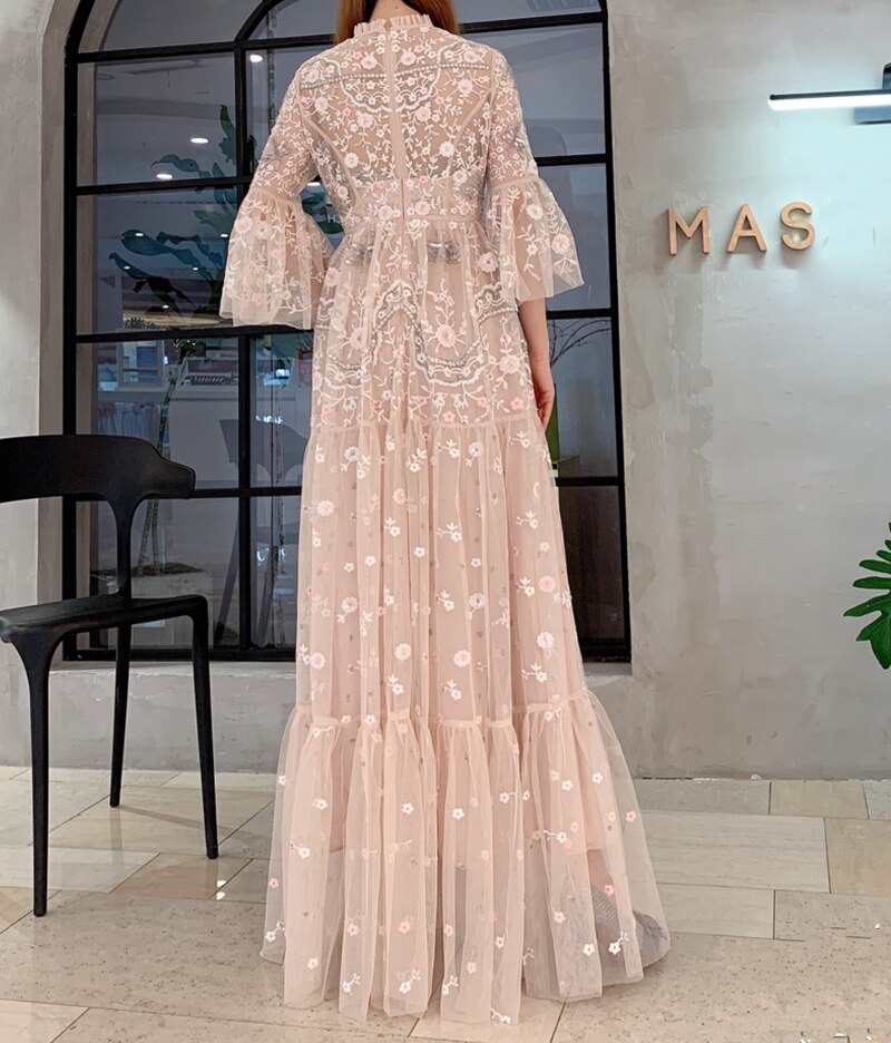 Elegant mesh embroidery Slim Long Dress