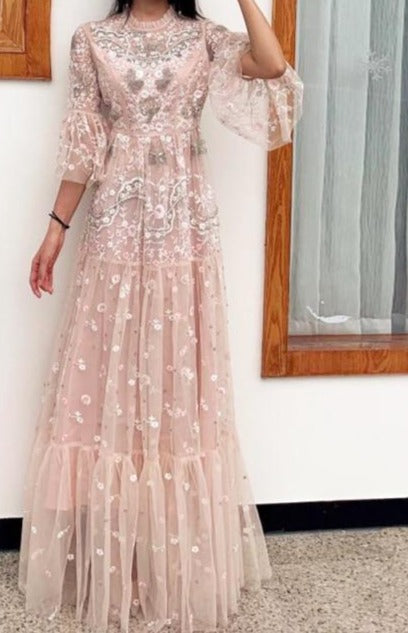 Elegant mesh embroidery Slim Long Dress