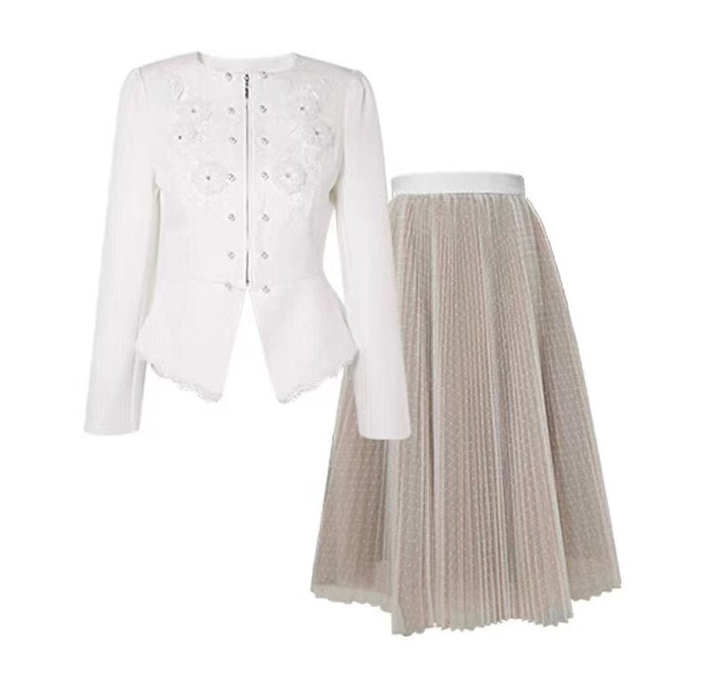 women two piece set Long Sleeve Embroidered skirt suit