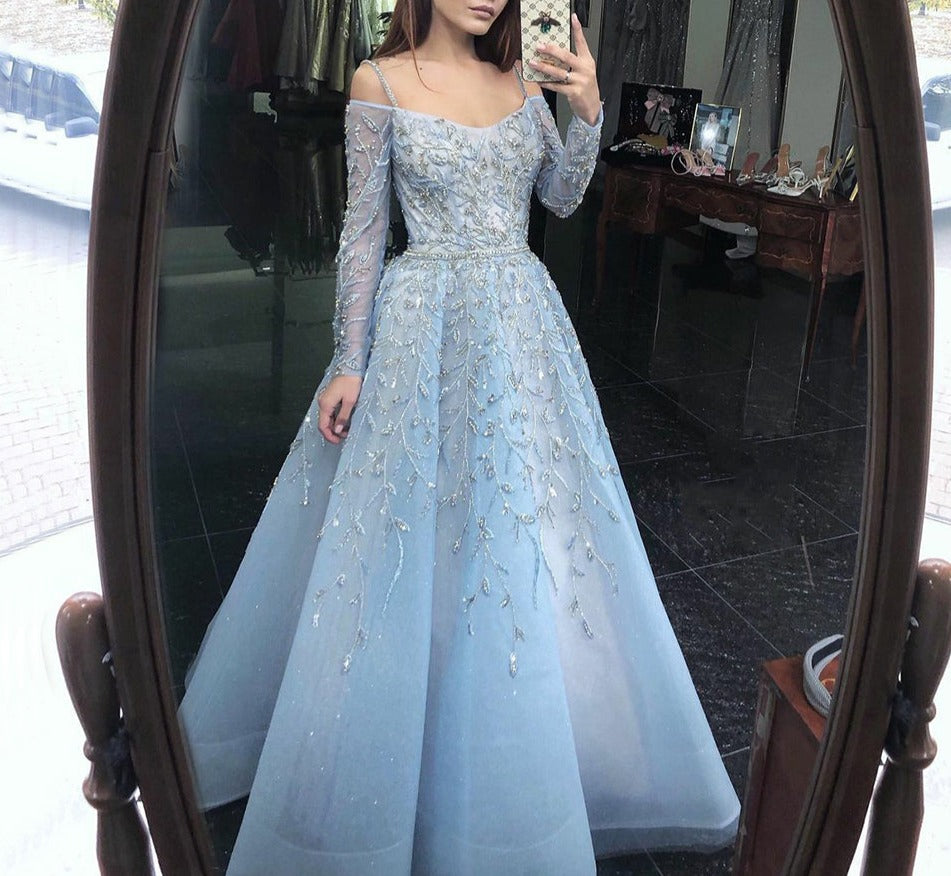 Blue Luxury A-Line Evening Dress 2022 Long Sleeve