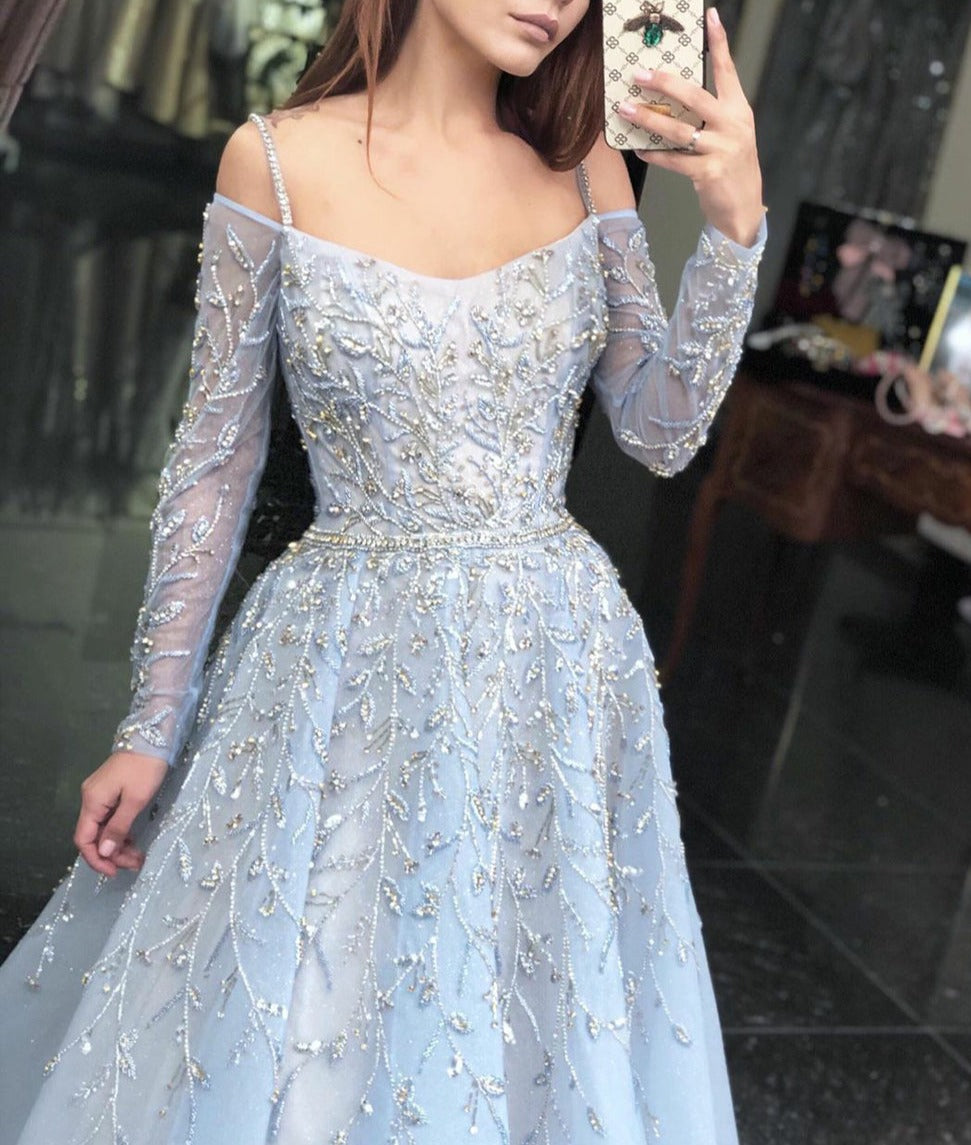 Blue Luxury A-Line Evening Dress 2022 Long Sleeve