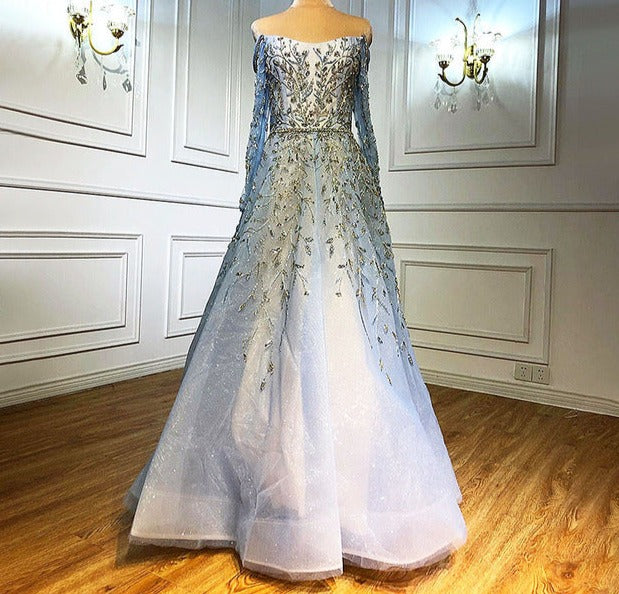 Blue Luxury A-Line Evening Dress 2022 Long Sleeve