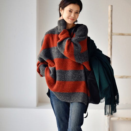 Oversize loose Languid lazy style  round neck striped sweater