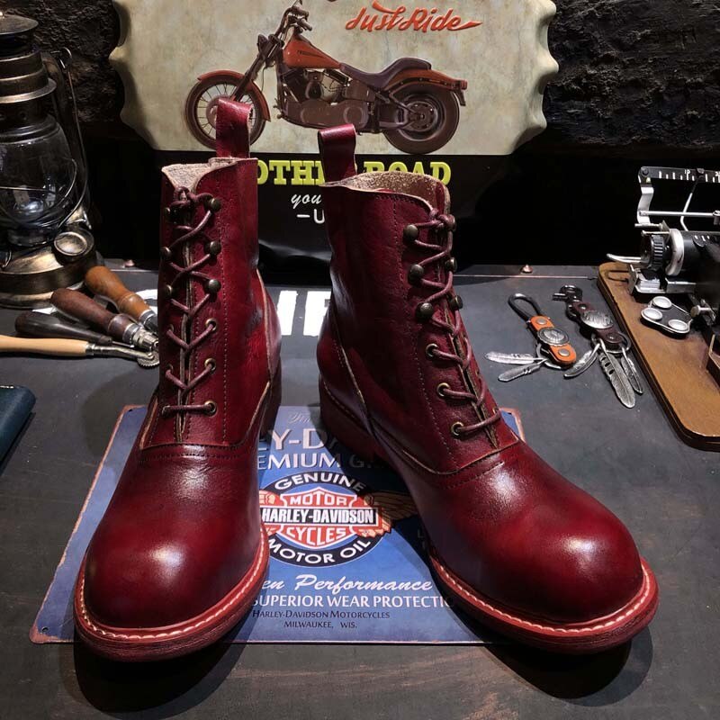 Mens Red Wine Lace Up Round Toe Vintage High Top Shoes