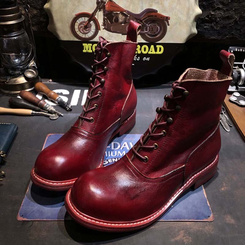 Mens Red Wine Lace Up Round Toe Vintage High Top Shoes