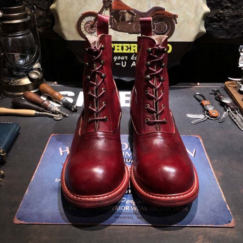 Mens Red Wine Lace Up Round Toe Vintage High Top Shoes