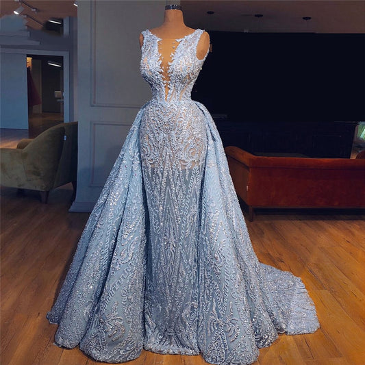 Luxury Sweep Train Baby Blue Lace Evening Dresses