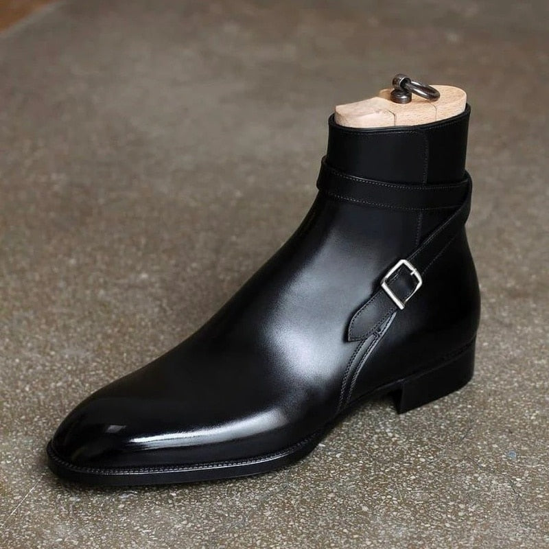 Men's Handmade Black Buckle Short Boots