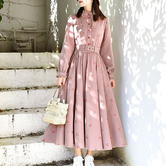 Long Mid-Calf Full Lantern Sleeve Dress With Belt