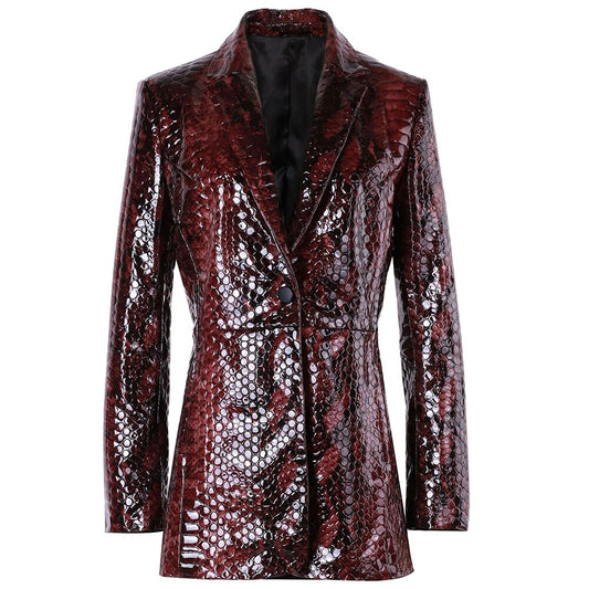 Women Snake Shiny Patent Leather Jacket