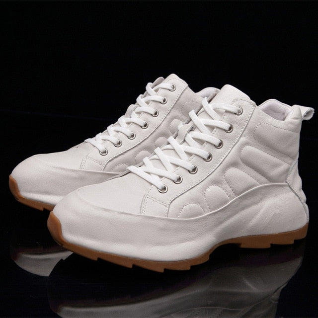 Men Round Toe Genuine Leather Platform White Shoes