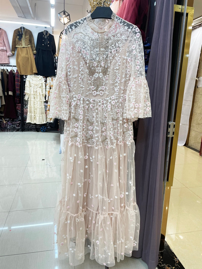 Elegant mesh embroidery Slim Long Dress