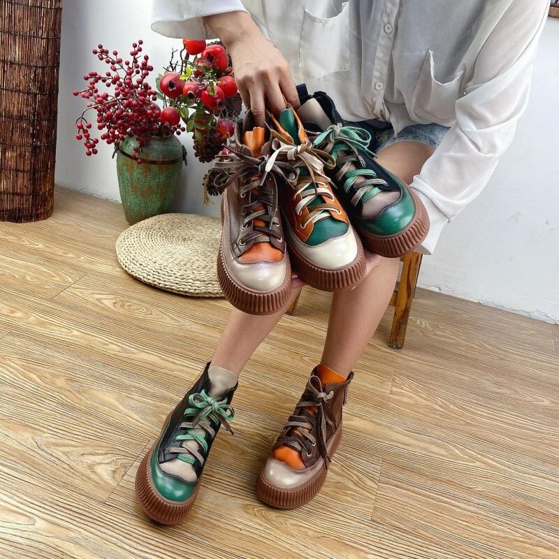 Women Mixed Colors Leisure Lace-up Round Toe Retro Platform Boots