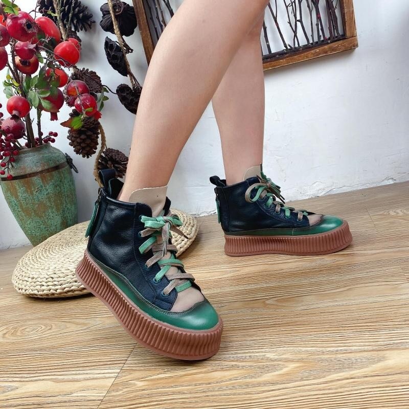 Women Mixed Colors Leisure Lace-up Round Toe Retro Platform Boots