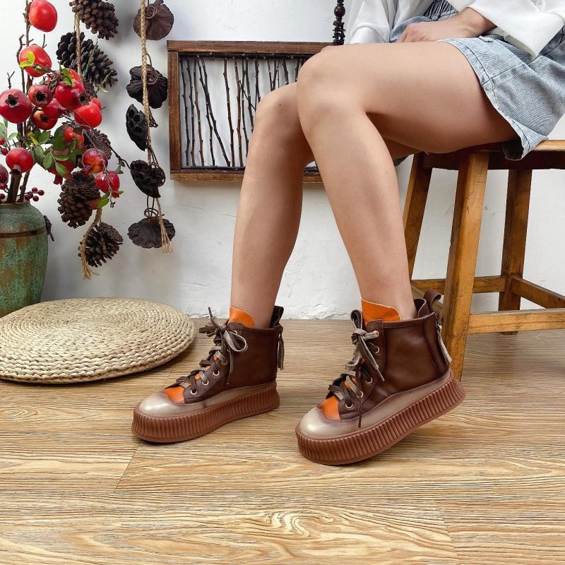 Women Mixed Colors Leisure Lace-up Round Toe Retro Platform Boots