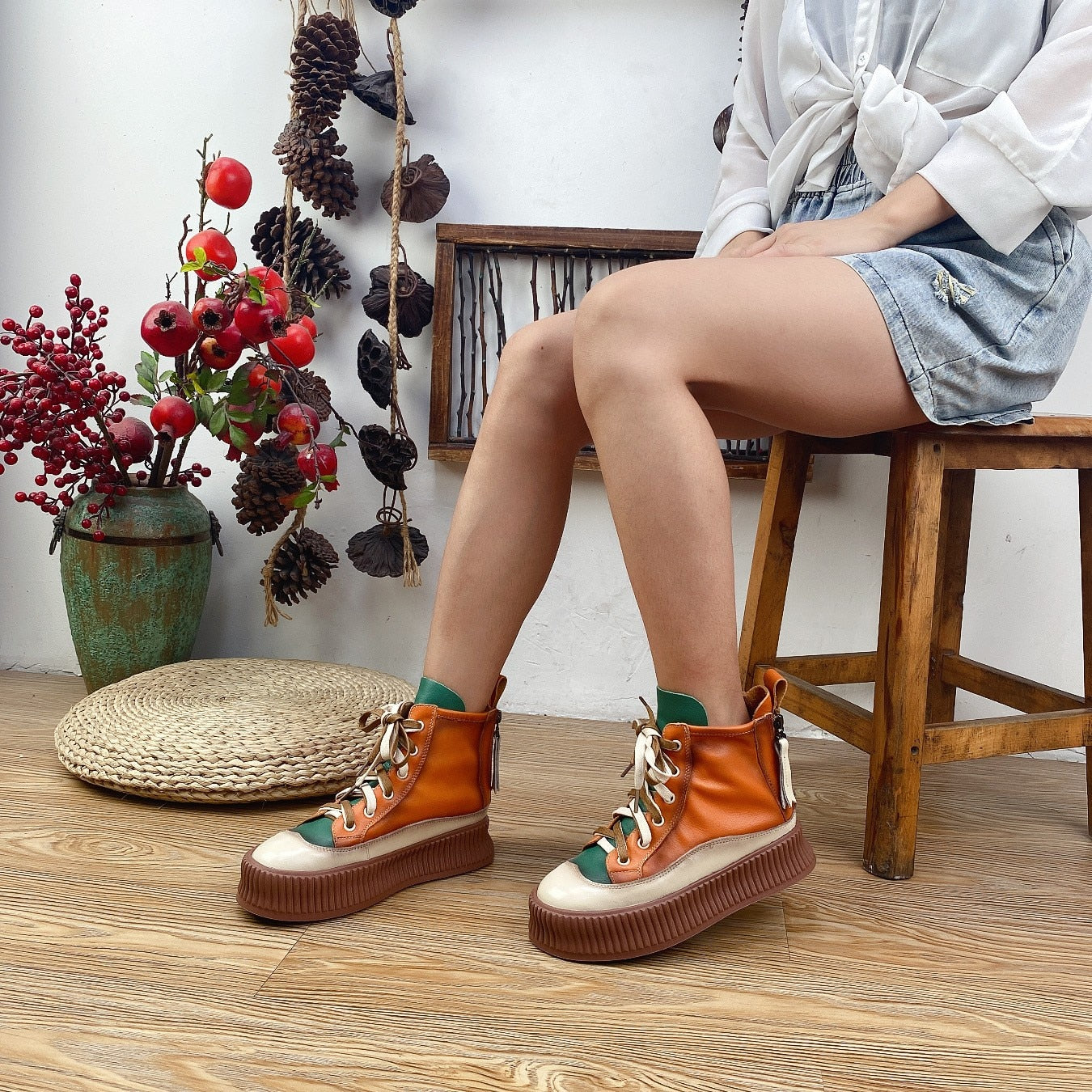 Women Mixed Colors Leisure Lace-up Round Toe Retro Platform Boots