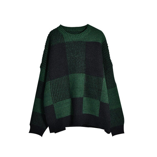 lazy Wool blended round collar plaid sweater