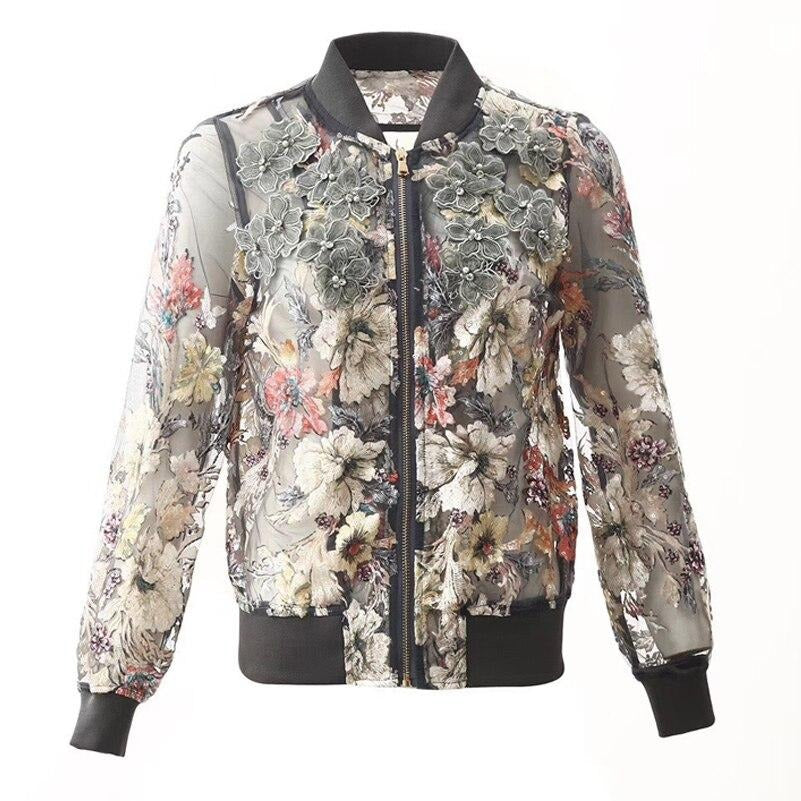 Women Long Sleeve Vintage Print Mesh embroidered Coat