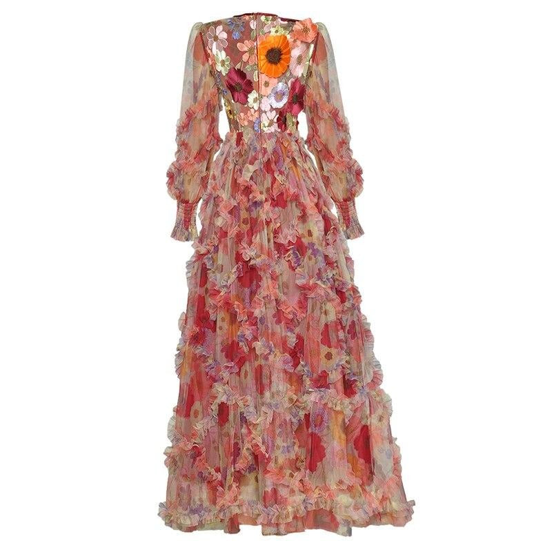 Embroidery maxi dress Lantern sleeve retro Flower dress