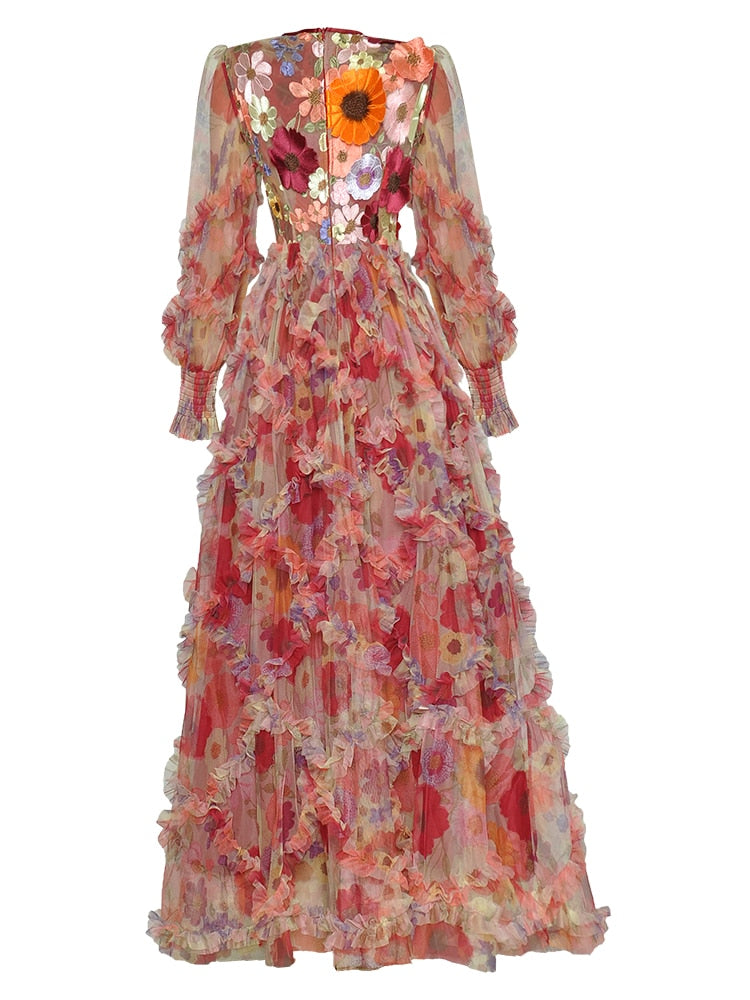 Embroidery maxi dress Lantern sleeve retro Flower dress