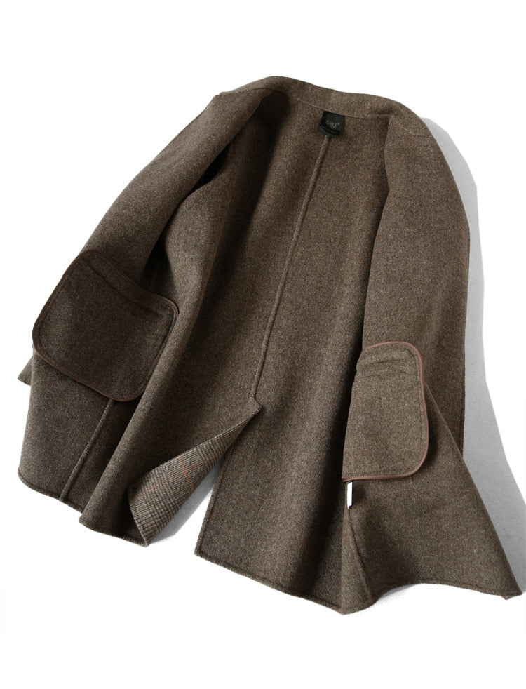 Elegant Office Chic Wool Blend Khaki Blue Winter Coats