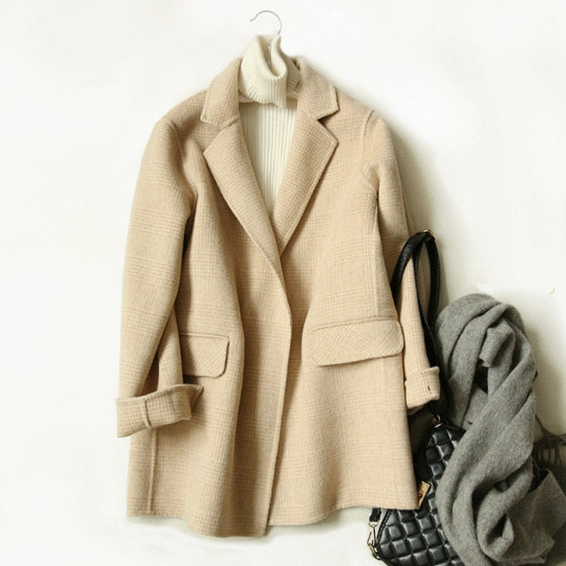 Elegant Office Chic Wool Blend Khaki Blue Winter Coats