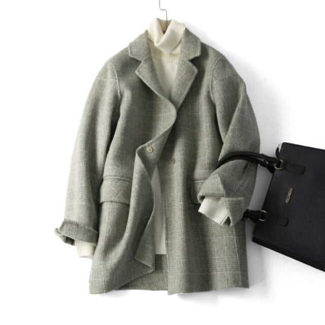 Elegant Office Chic Wool Blend Khaki Blue Winter Coats