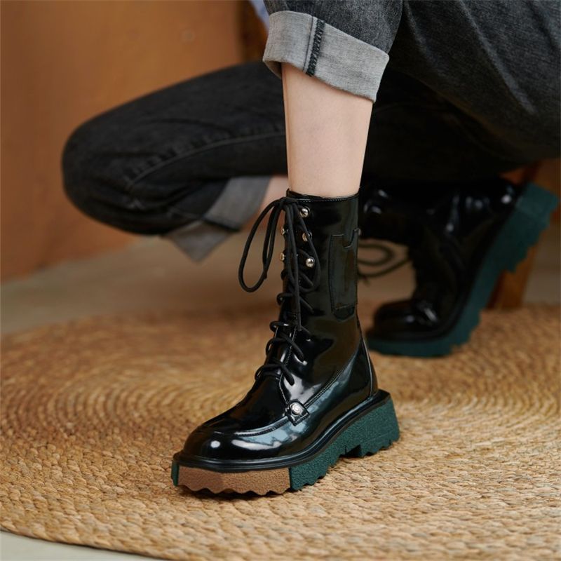 Lace Up Motorcycle Female Platform Mid Calf Boots