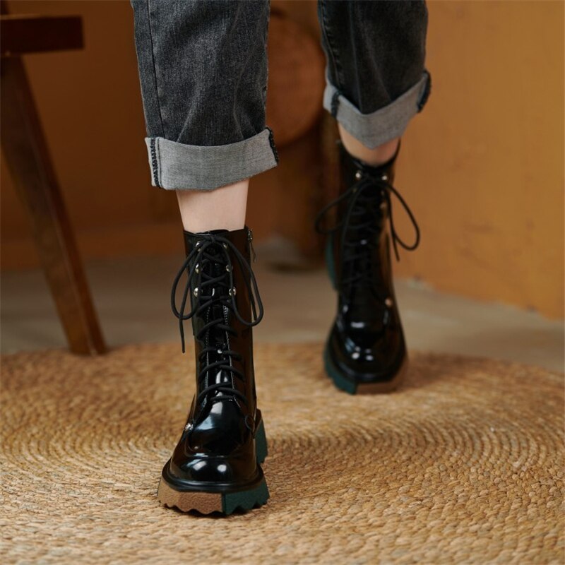 Lace Up Motorcycle Female Platform Mid Calf Boots