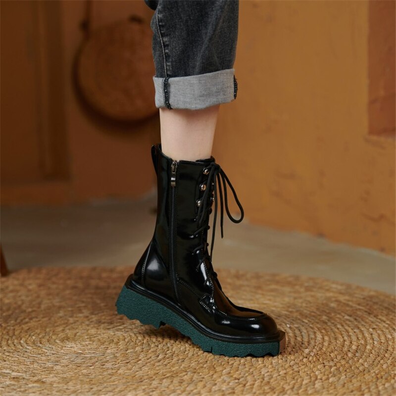 Lace Up Motorcycle Female Platform Mid Calf Boots