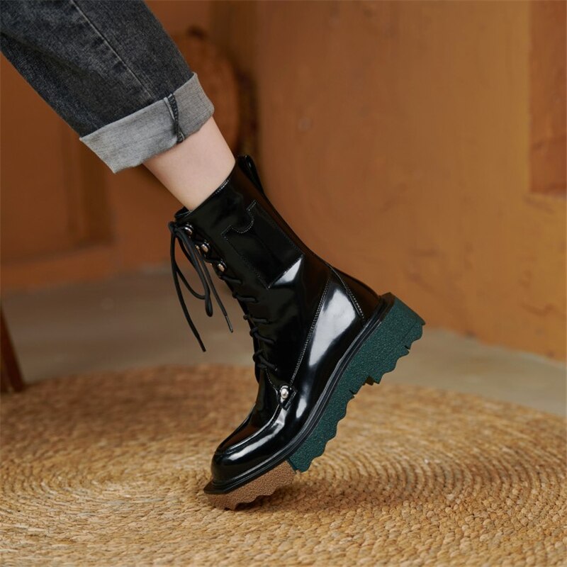 Lace Up Motorcycle Female Platform Mid Calf Boots