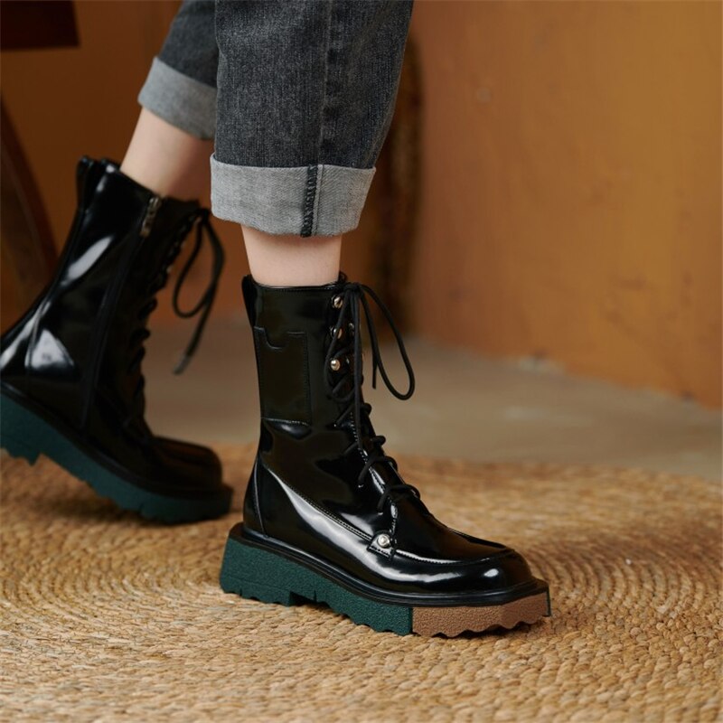 Lace Up Motorcycle Female Platform Mid Calf Boots