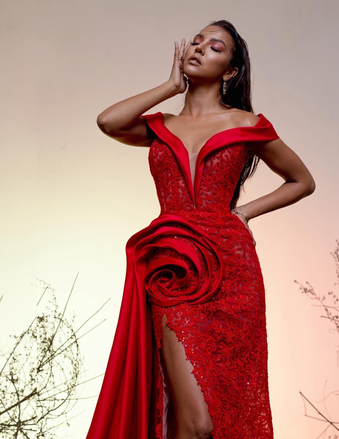 Red Elegant Exquisite Evening Dress Off-The-Shoulder