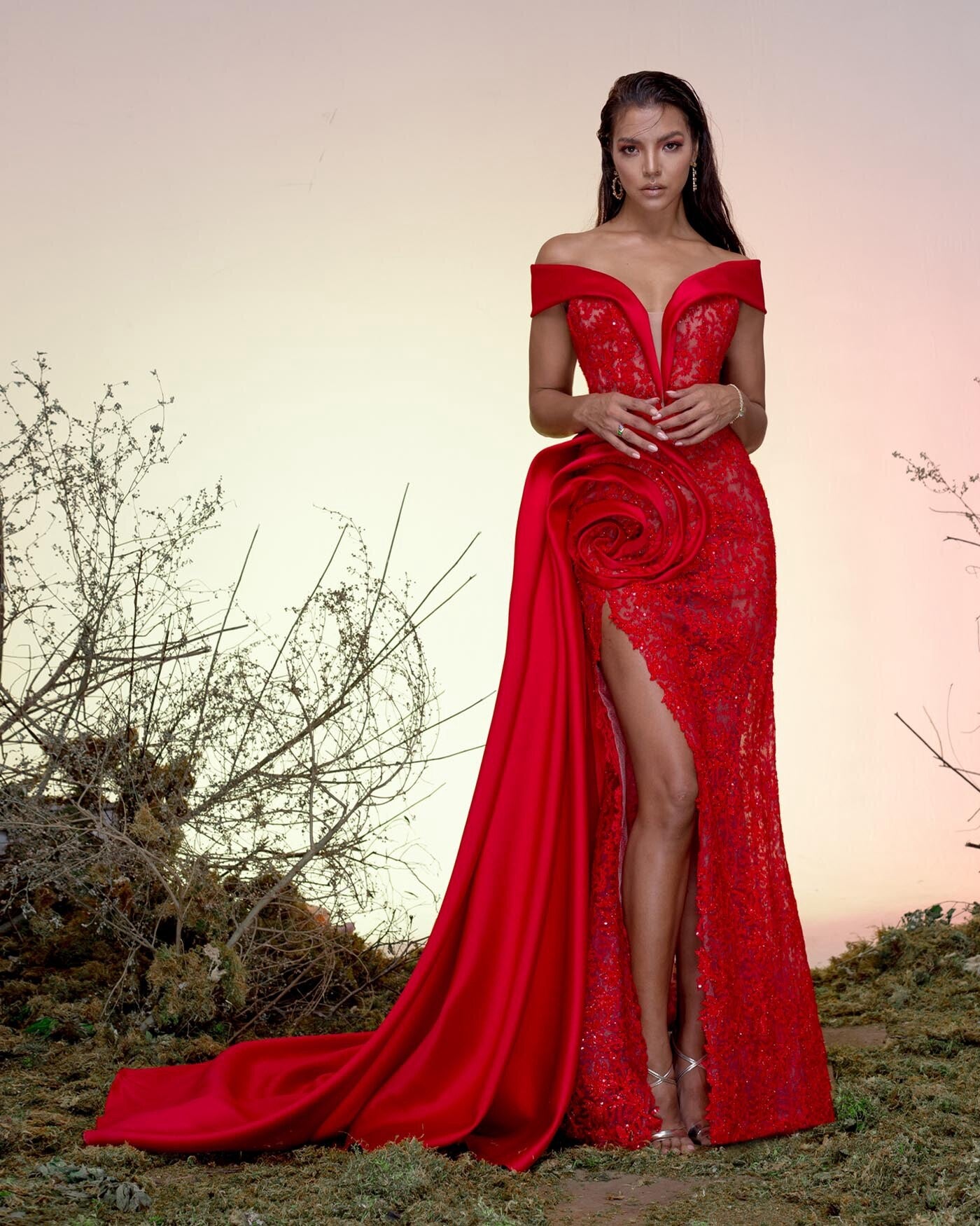 Red Elegant Exquisite Evening Dress Off-The-Shoulder