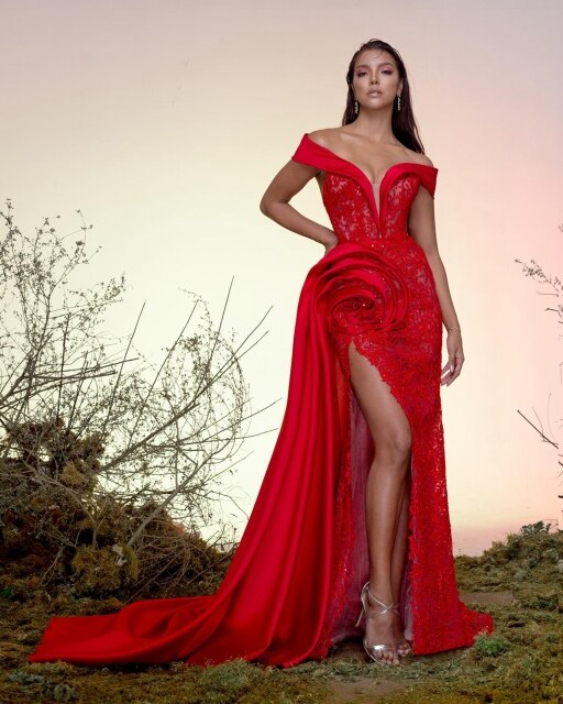 Red Elegant Exquisite Evening Dress Off-The-Shoulder