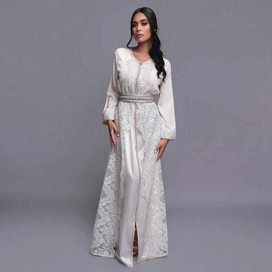 White Elegant Simple Moroccan Caftan Evening Dress