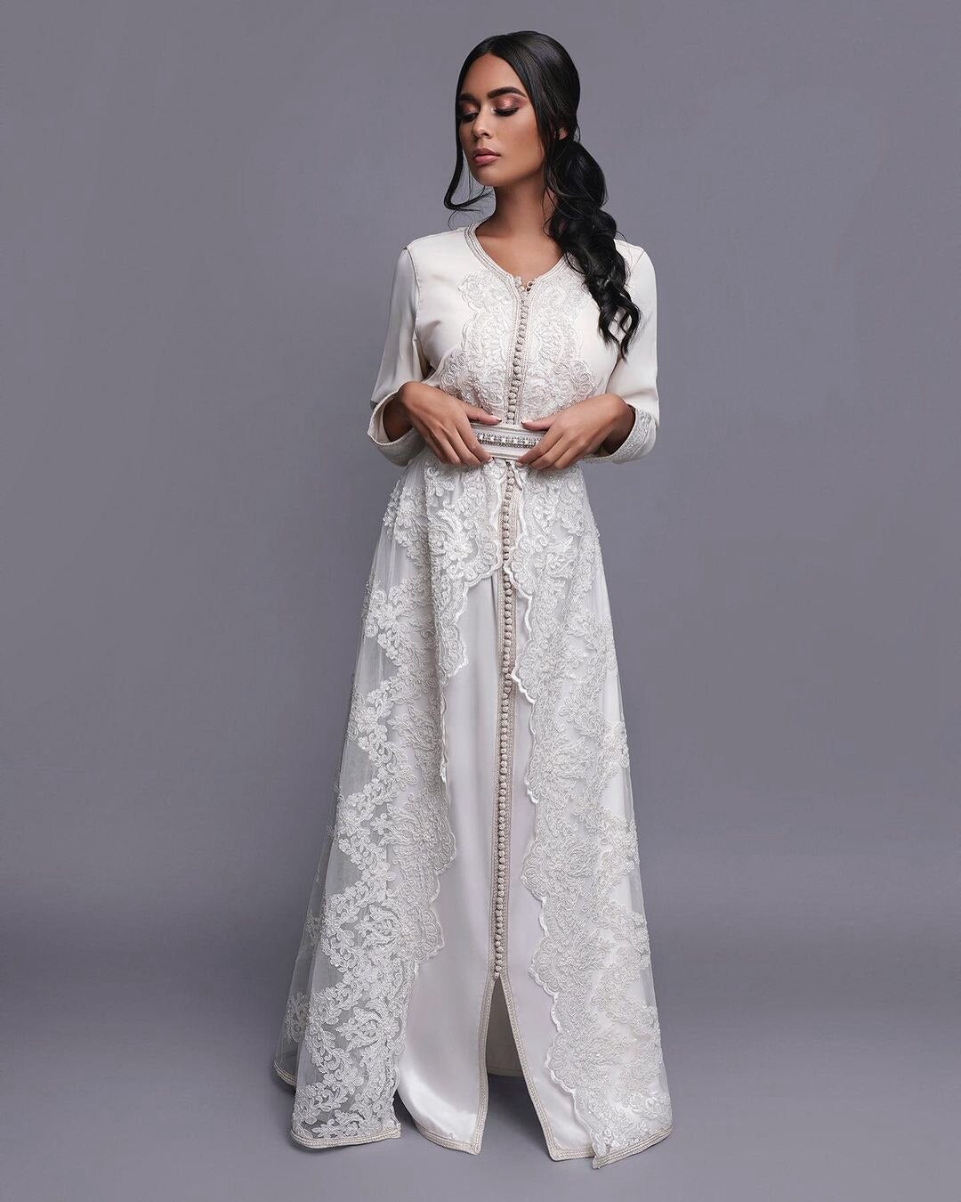 White Elegant Simple Moroccan Caftan Evening Dress