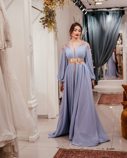 Light Blue Exquisite Elegant Evening Dress V-Neck – LiveTrendsX