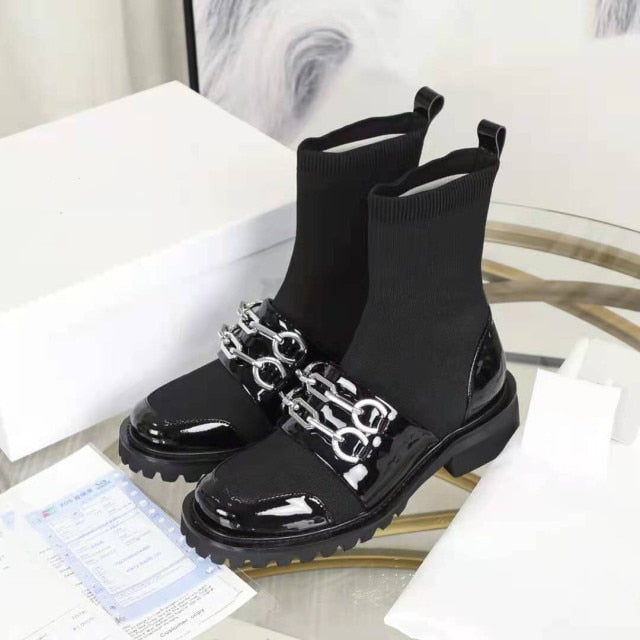 Women New Patent Leather Wool Platform Sock Boots