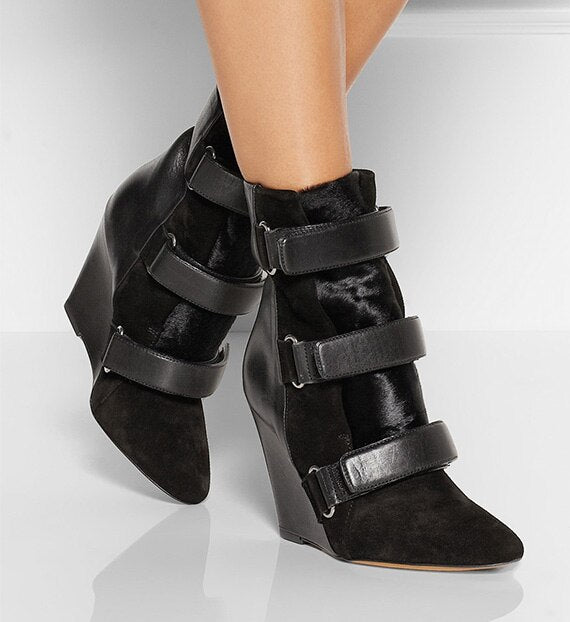 Woman Wedge Heels Magic Tape Pointed Toe Short Boots