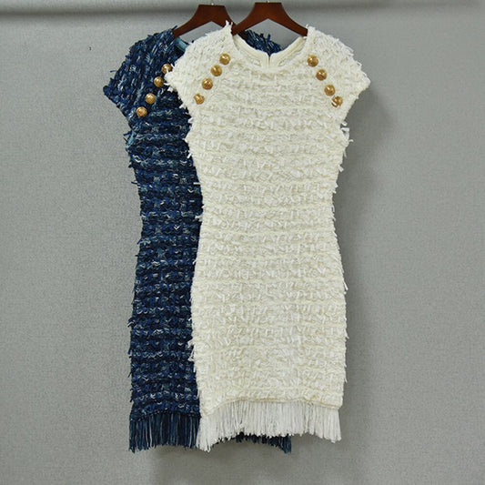 Women's Knitted Tassels Dress Chic Mini Short Sleeves