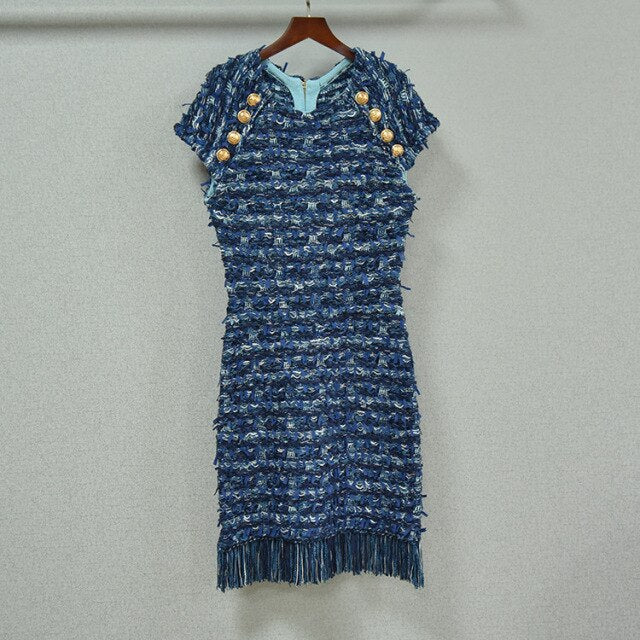 Women's Knitted Tassels Dress Chic Mini Short Sleeves