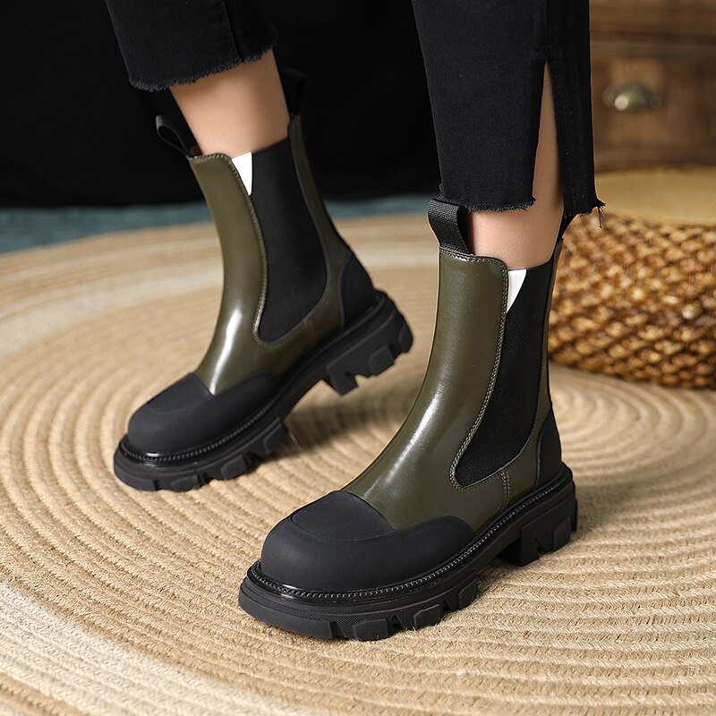 Women Genuine Leather Slip on Platform Booties