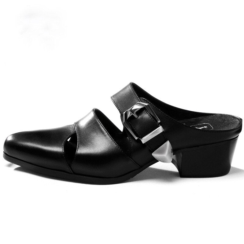 Pointed Toe Buckle Hollow Leather Shoes Male Black Sandals