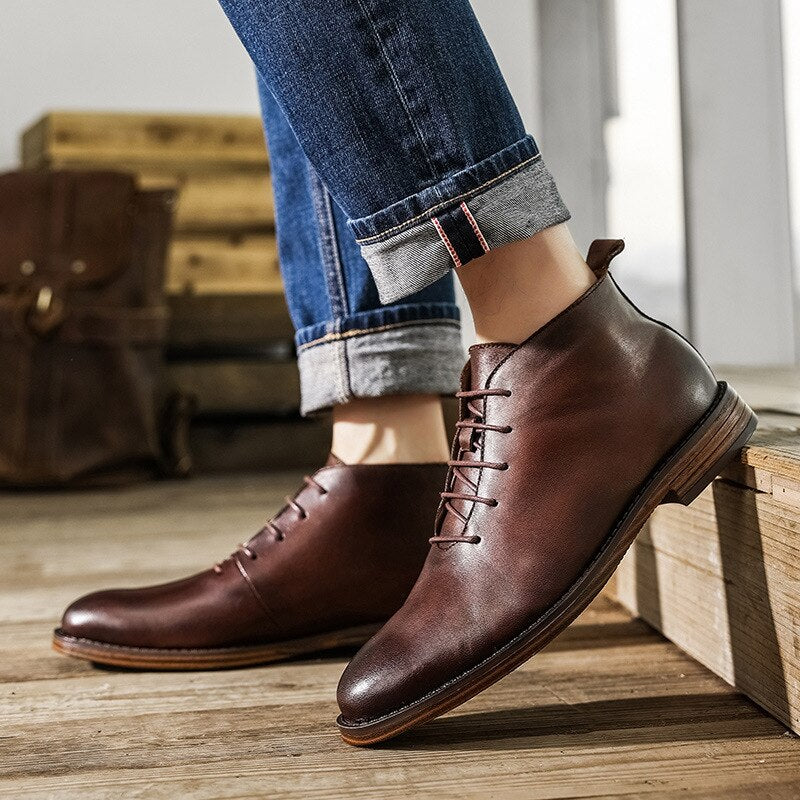 Men British Style Retro Lace Up Ankle Boots