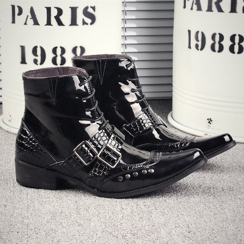 Men Pointed Rivets Punk Patent Leather Cowboy Ankle Boots