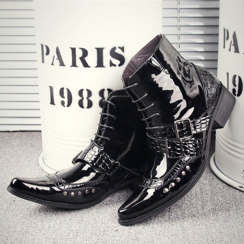 Men Pointed Rivets Punk Patent Leather Cowboy Ankle Boots