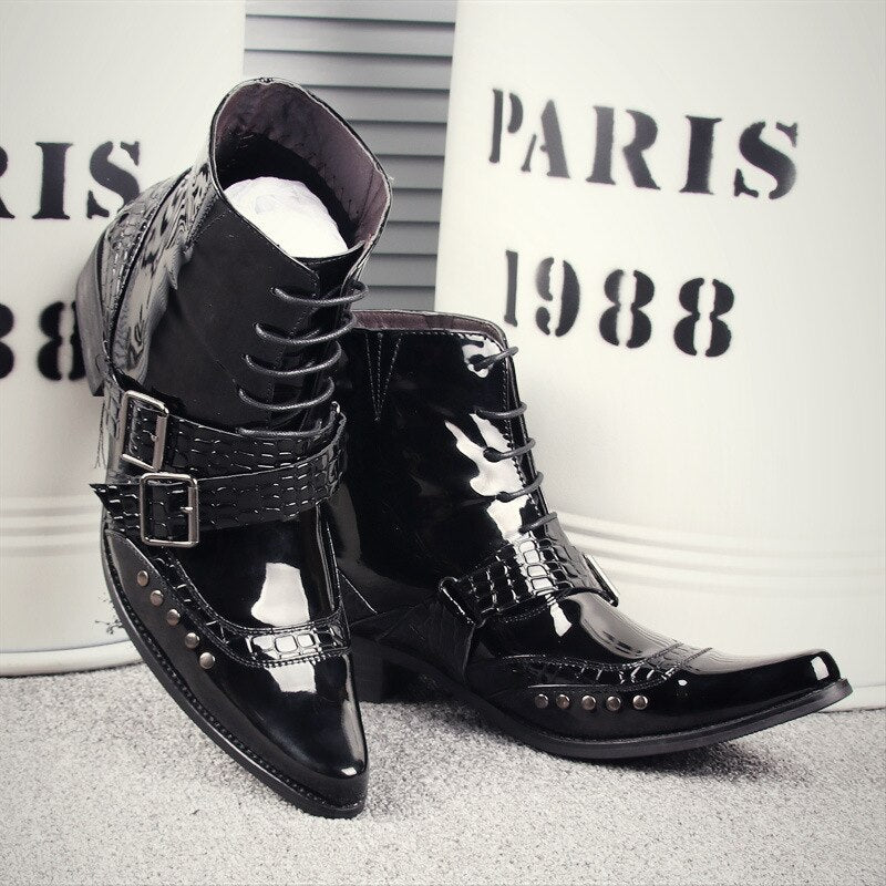 Men Pointed Rivets Punk Patent Leather Cowboy Ankle Boots